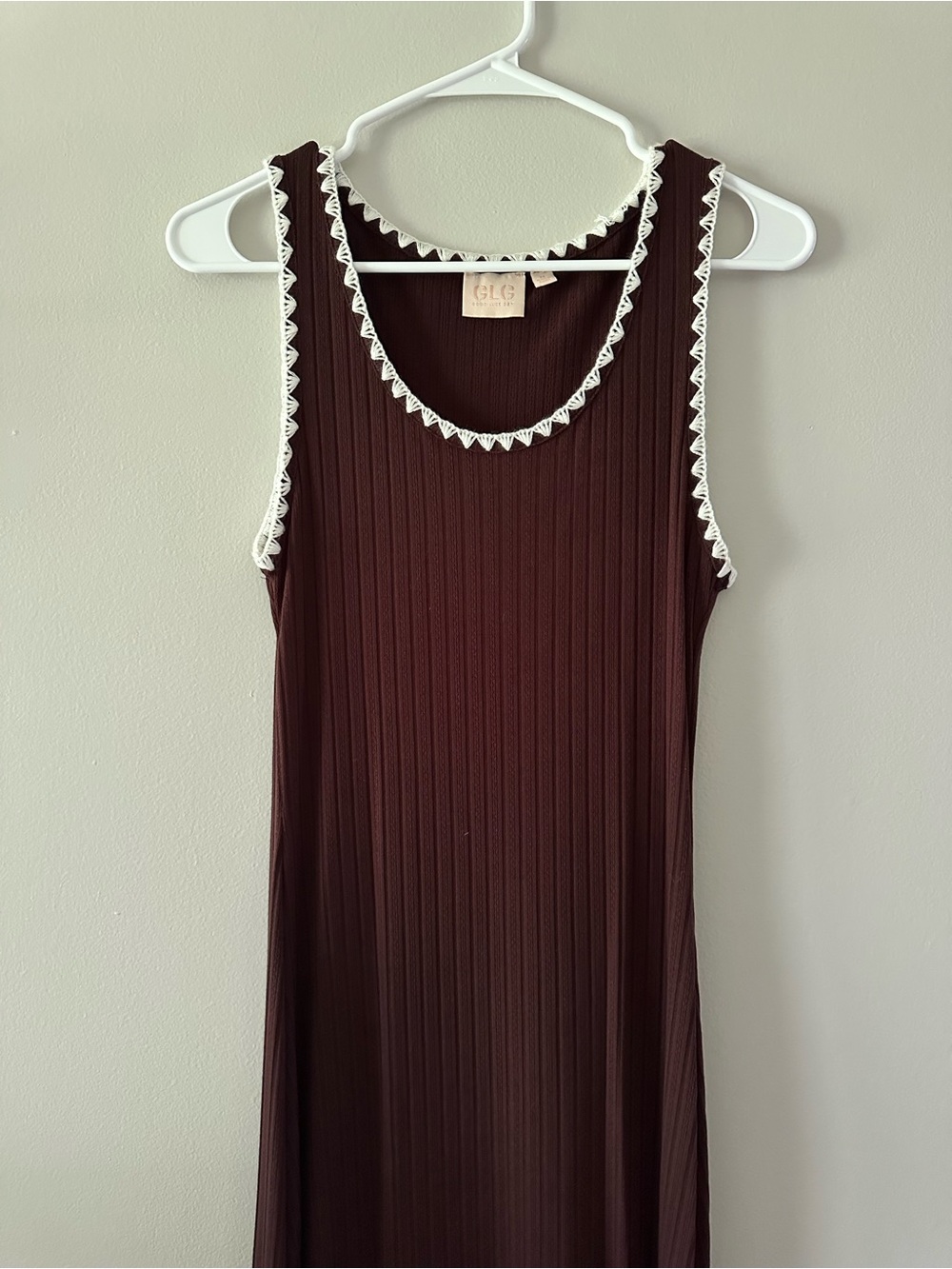 GLG Ribbed Tank Top with White Scalloped Trim - Dark Brown